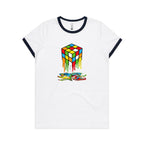 Melting Cube - Women's Ringer Tee White Navy Womens Ringer T-shirt Games Printed In Australia