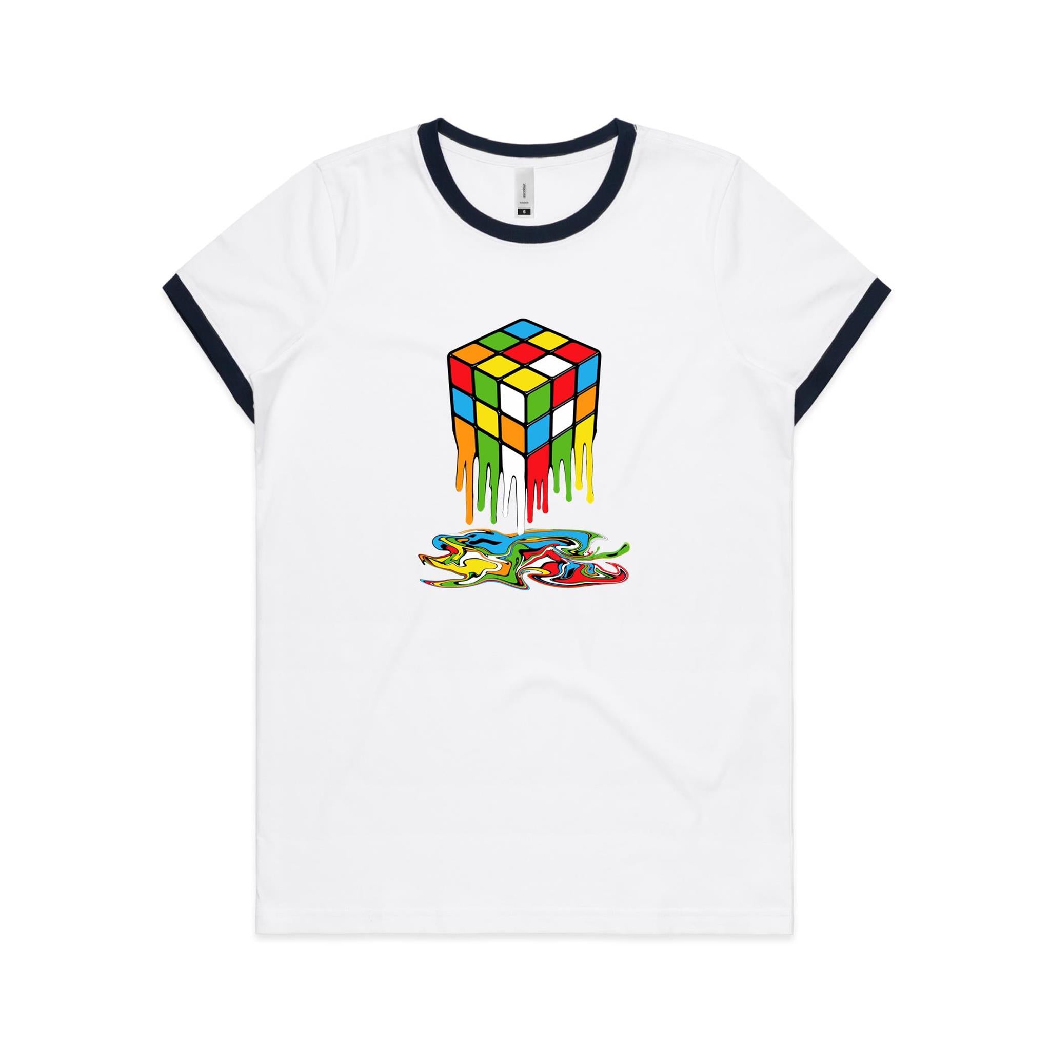 Melting Cube - Women's Ringer Tee White Navy Womens Ringer T-shirt Games Printed In Australia