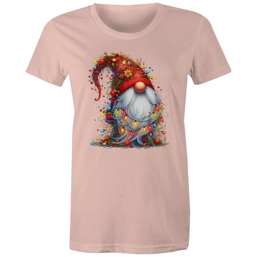 Christmas Gnome Wrapped In Lights - Womens T-shirt Pale Pink Womens Christmas T-shirt Christmas Printed In Australia