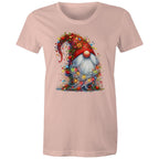 Christmas Gnome Wrapped In Lights - Womens T-shirt Pale Pink Womens Christmas T-shirt Christmas Printed In Australia