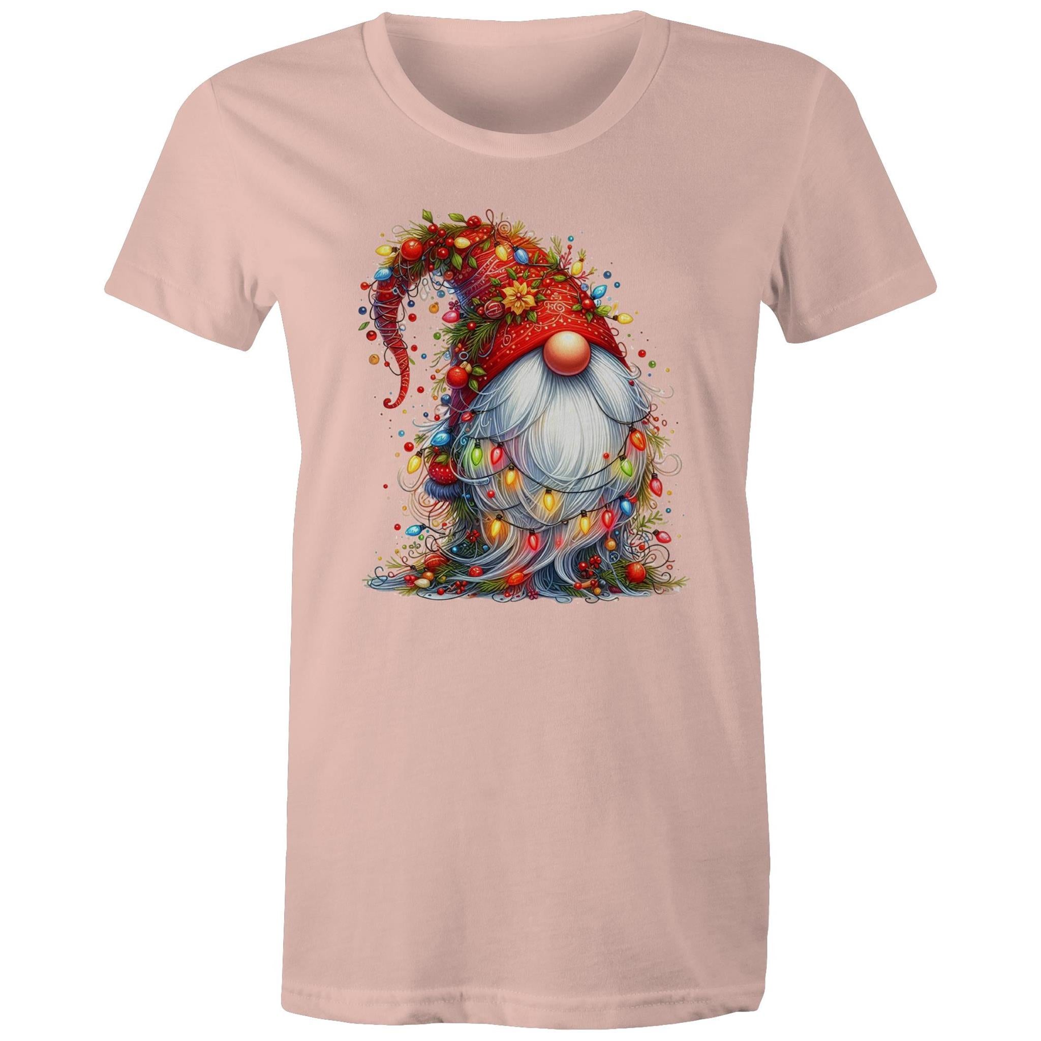 Christmas Gnome Wrapped In Lights - Womens T-shirt Pale Pink Womens Christmas T-shirt Christmas Printed In Australia