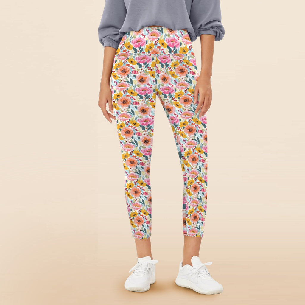 Bright And Colourful Flowers Women's High Waist Pockets Yoga Leggings