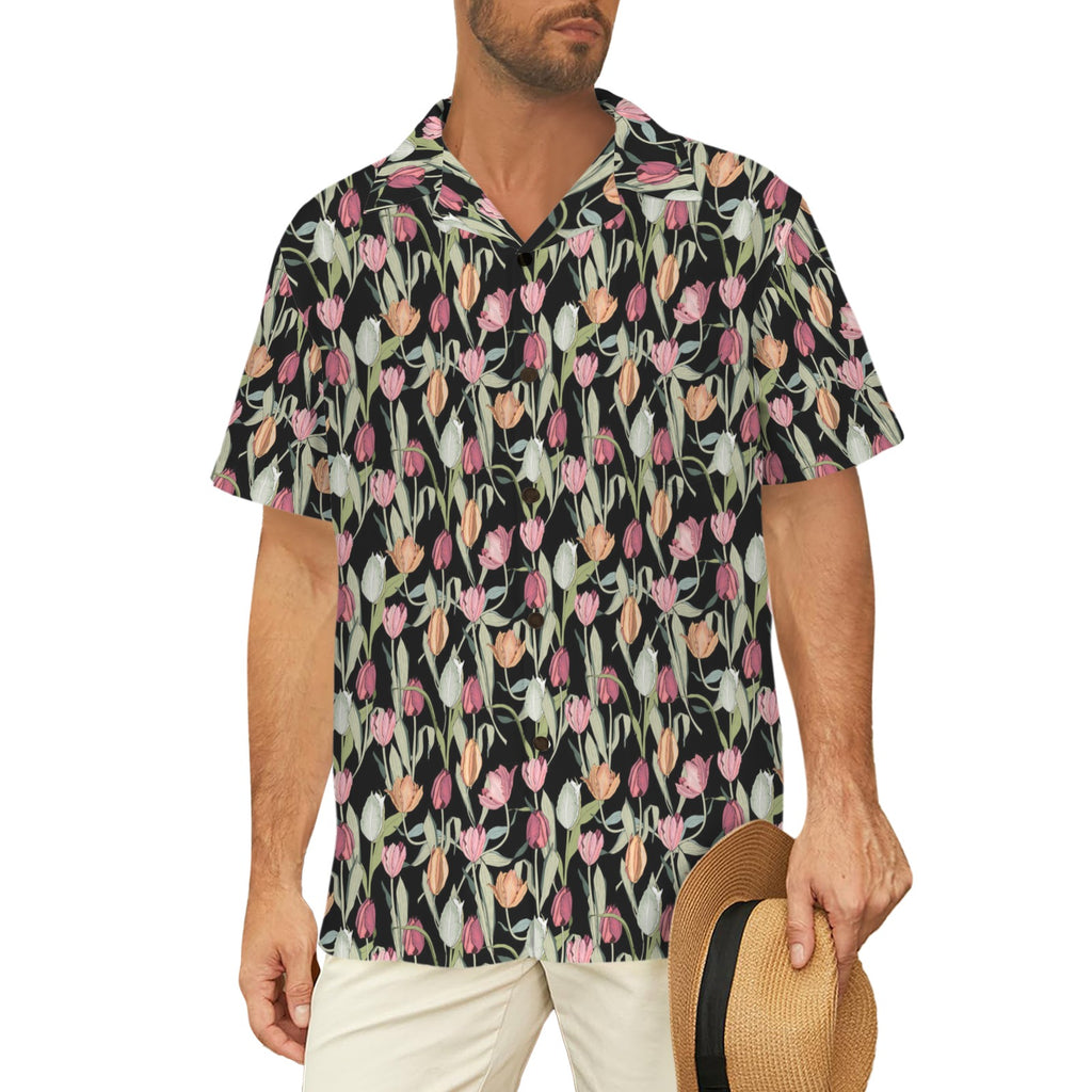 Tulips Men's Short Sleeve Hawaiian Shirt Men's Hawaiian Shirt (New) Plants Printed Offshore