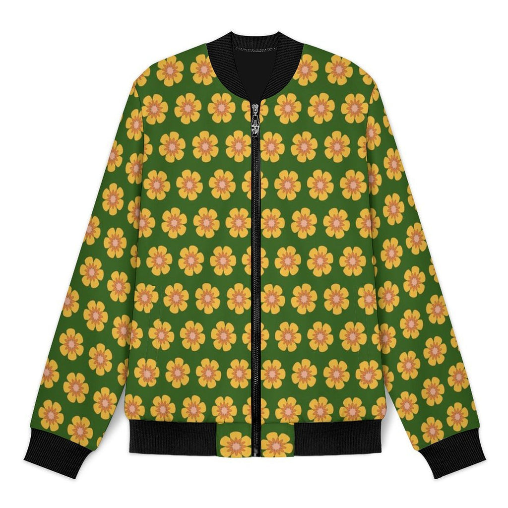 Yellow Flowers On Green Men's Casual Zip‑Up Bomber Jacket