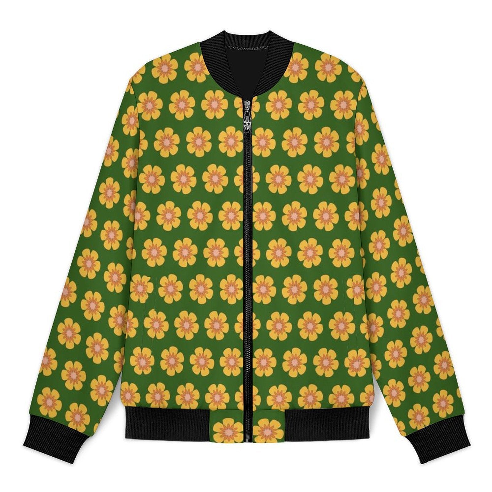 Yellow Flowers On Green Men's Casual Zip‑Up Bomber Jacket