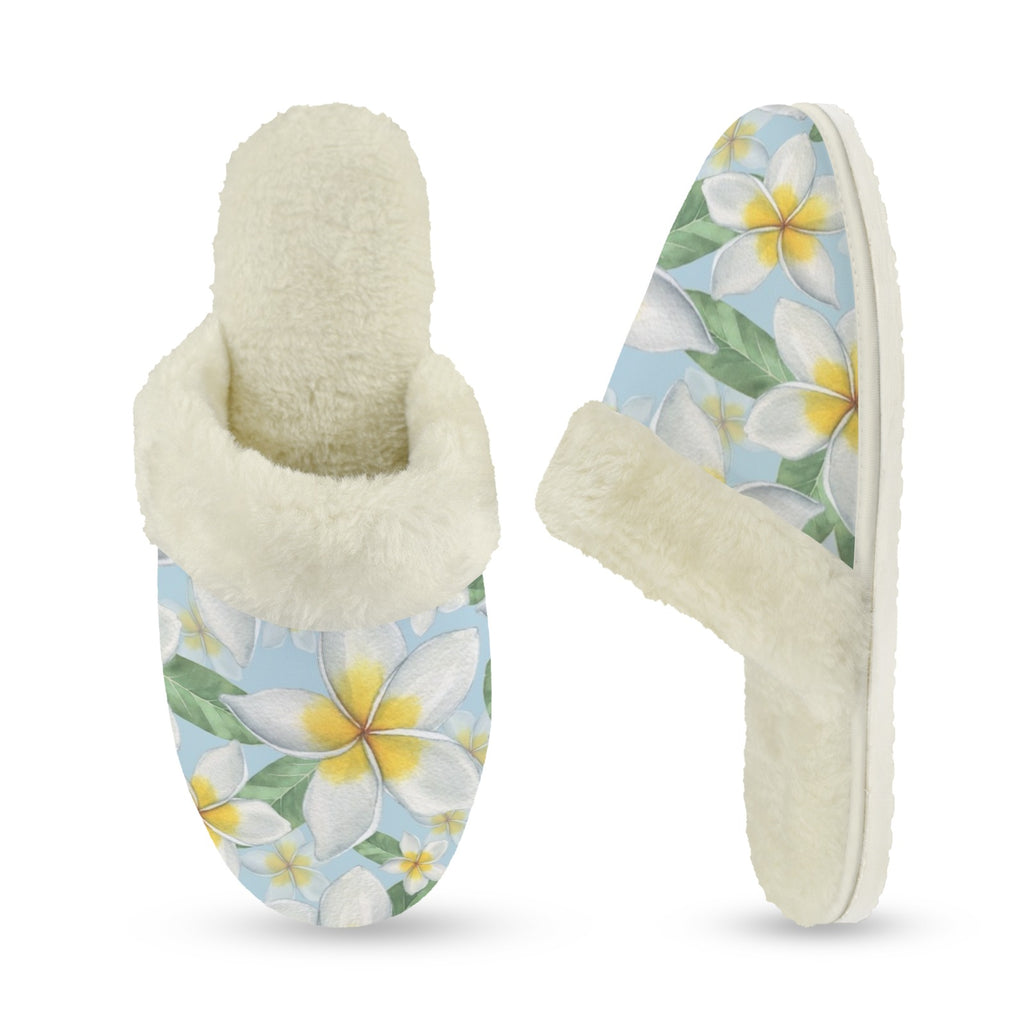 Delicate Frangipani Women's Fur Trim Thick-Sole Indoor Slippers Women's Fur Trimmed Slippers Plants Printed Offshore