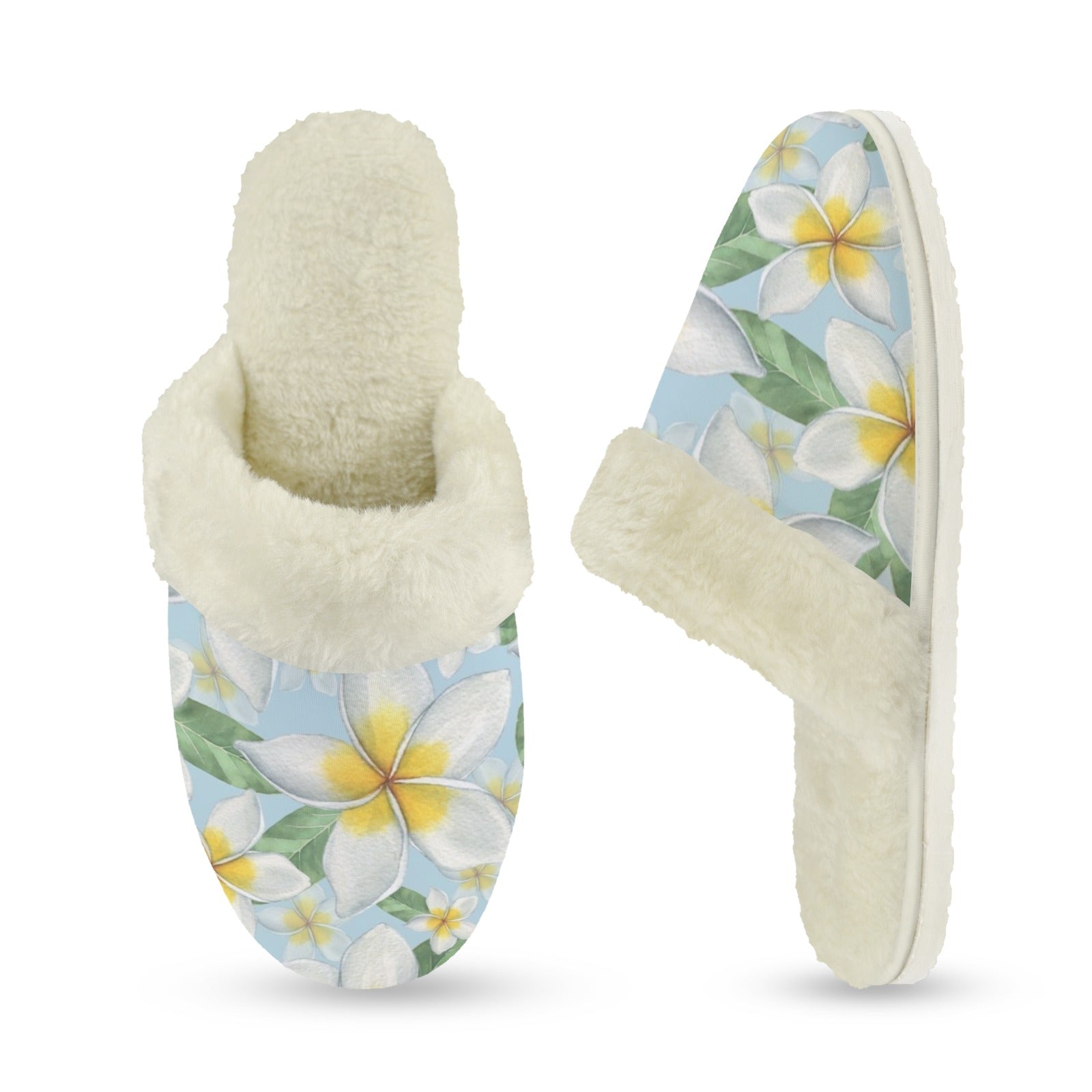 Delicate Frangipani Women's Fur Trim Thick-Sole Indoor Slippers Women's Fur Trimmed Slippers Plants Printed Offshore