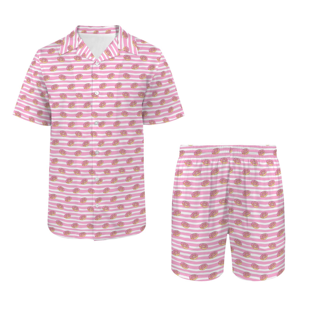 Pink Donut Stripes Men's Hawaiian Shirt & Shorts Set Men's Hawaiian Shirt & Shorts Set Food Printed Offshore