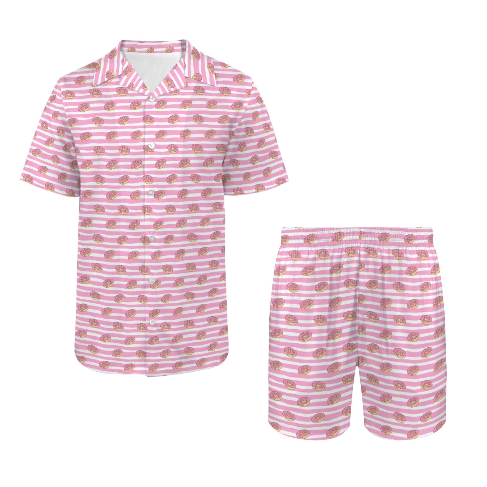 Pink Donut Stripes Men's Hawaiian Shirt & Shorts Set Men's Hawaiian Shirt & Shorts Set Food Printed Offshore