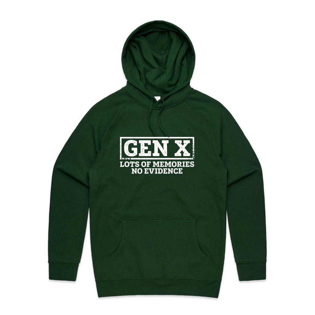 Gen X, Lots Of Memories, No Evidence Men's AS Colour Hoodie Forest Green Mens Hoodie Printed In Australia