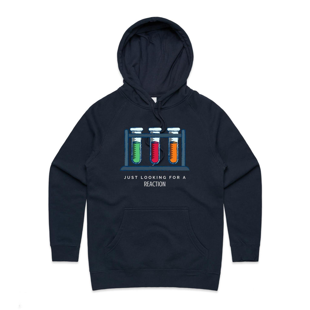 Test Tubes, Just Looking For A Reaction Women's AS Colour Hoodie Navy Womens Hoodie Printed In Australia Science