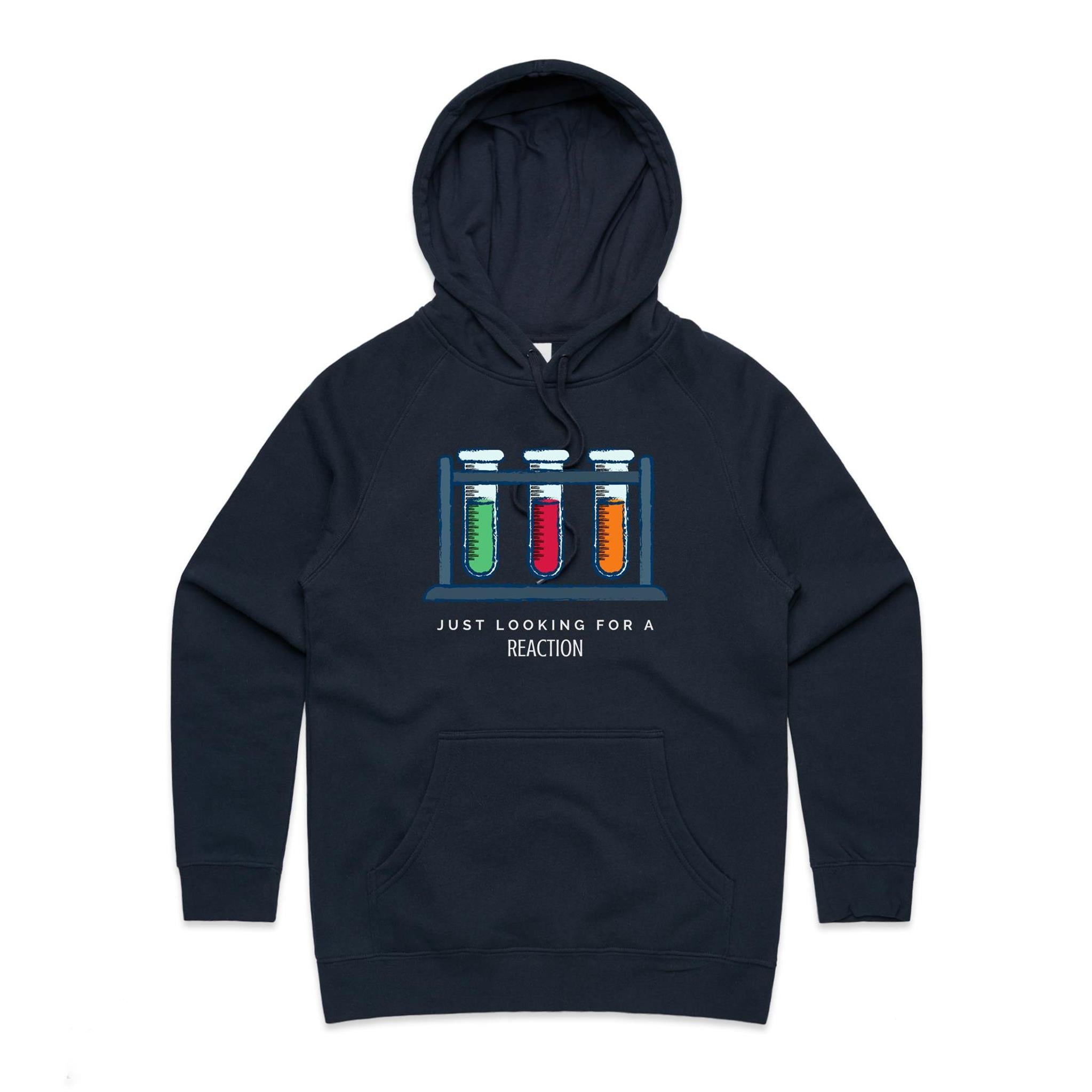 Test Tubes, Just Looking For A Reaction - Womens Hoodie Navy Womens Hoodie Printed In Australia Science
