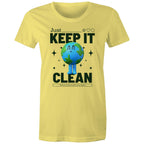 Earth, Just Keep It Clean - Womens T-shirt Yellow Womens T-shirt Environment Printed In Australia