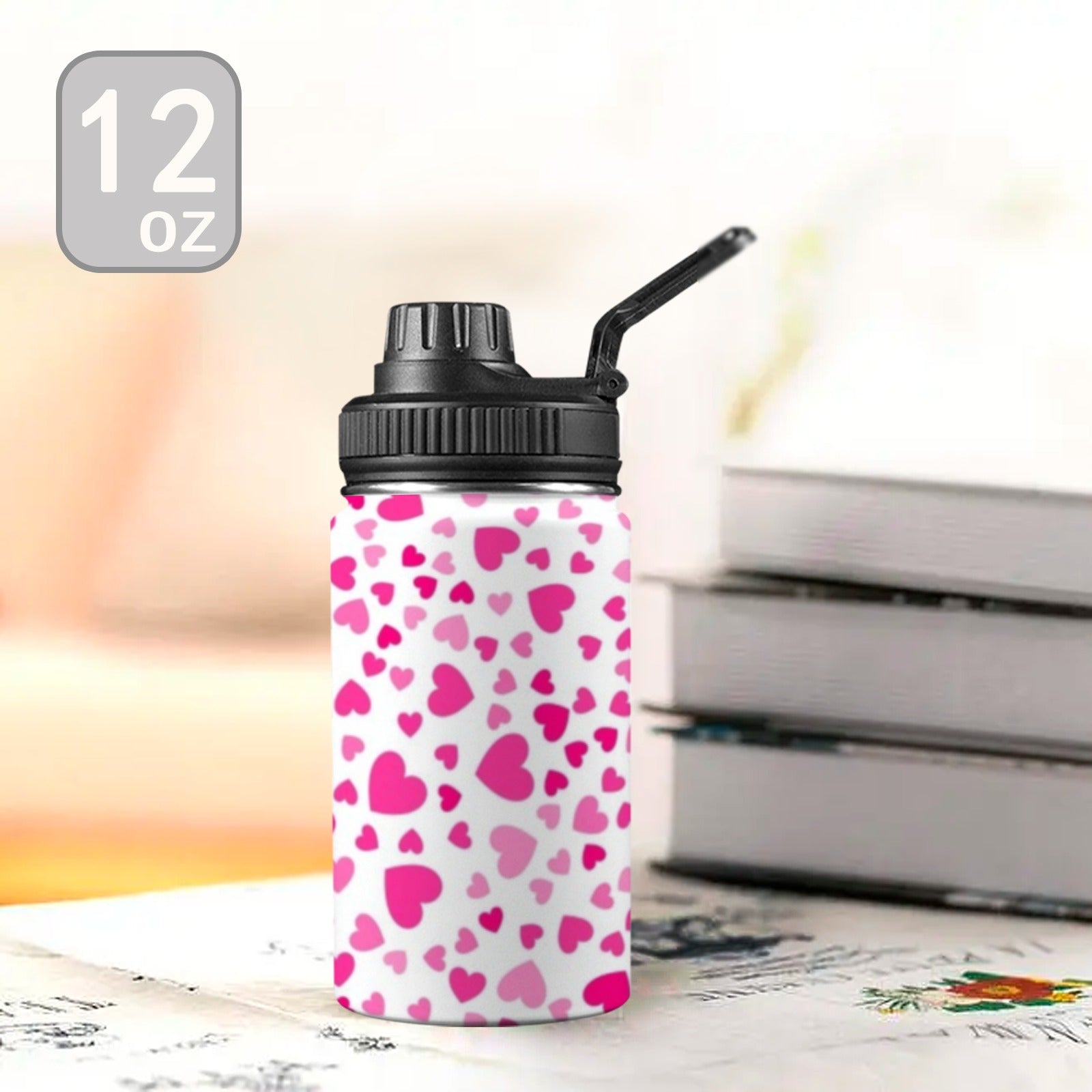 Pink Hearts On White - Kids Water Bottle with Chug Lid (12 oz)