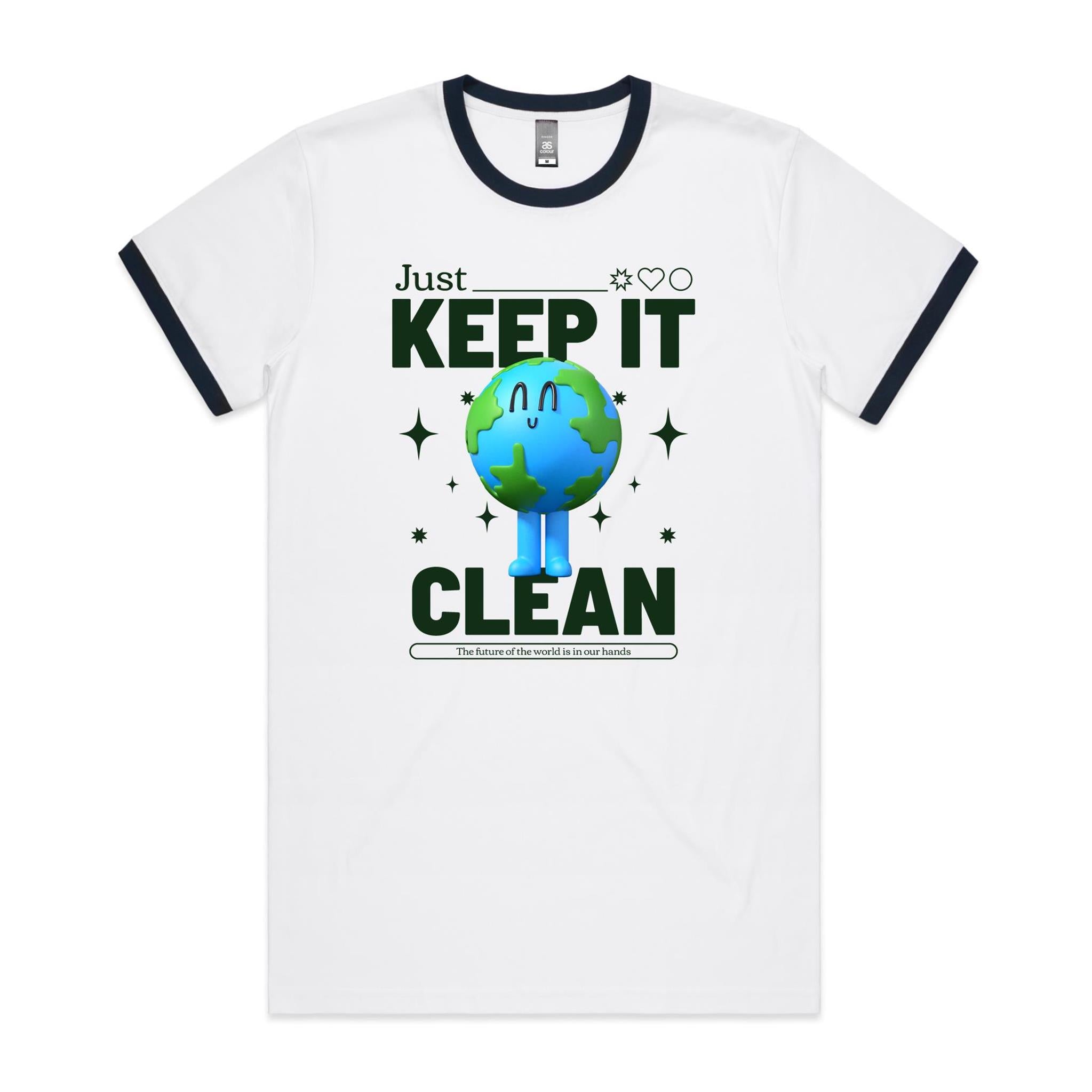 Earth, Just Keep It Clean - Staple Ringer Tee White Navy Ringer T-Shirt Environment Printed In Australia