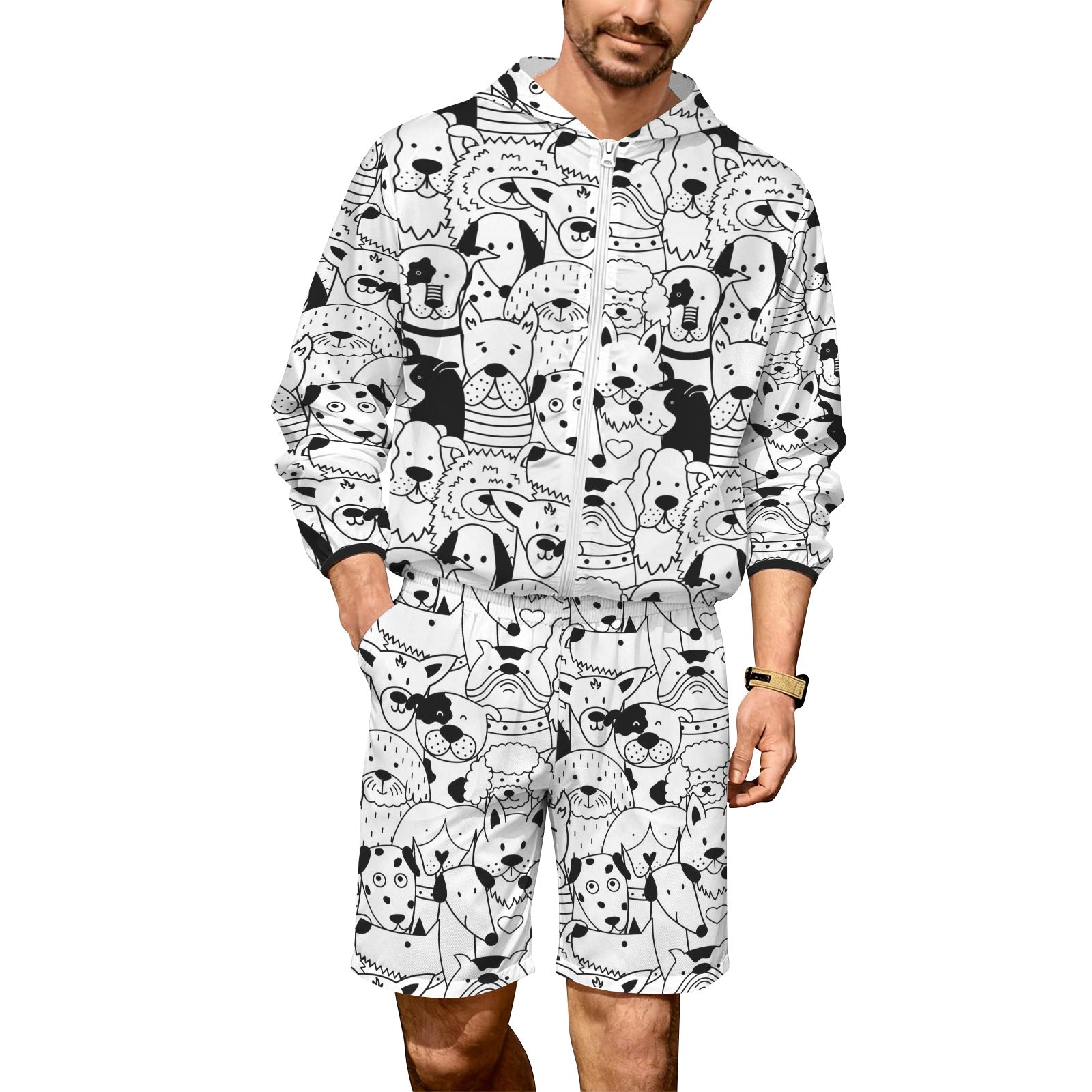 Black And White Dogs Men's Lightweight Sun Hoodie & Shorts Set 4XL Men's Lightweight Sun Hoodie & Shorts animal Printed Offshore