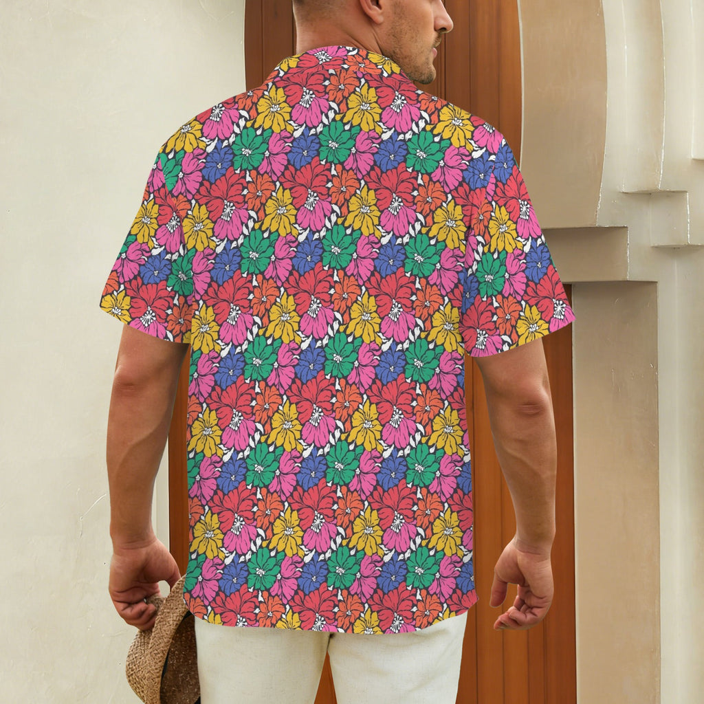 Bright And Bold Flowers Men's Short Sleeve Hawaiian Shirt Men's Hawaiian Shirt (New) Plants Printed Offshore