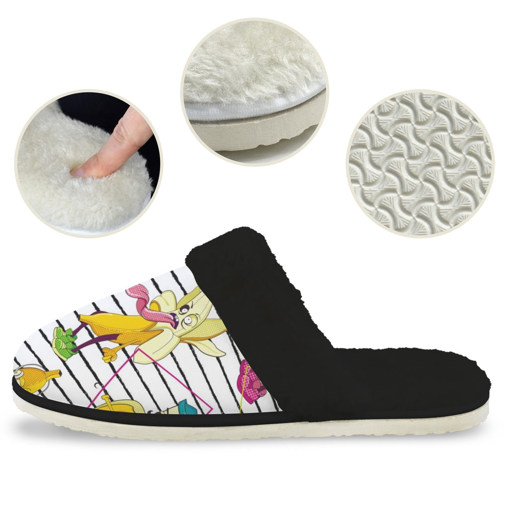 Ugly Bananas Women's Fur Trim Thick-Sole Indoor Slippers Women's Fur Trimmed Slippers Food Printed Offshore
