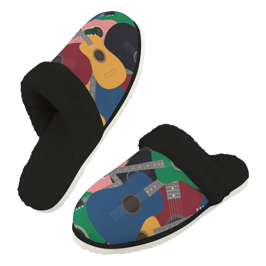 Colourful Guitars Men's Fur Trim Thick-Sole Indoor Slippers 2XL Men's Fur Trimmed Slippers Music Printed Offshore