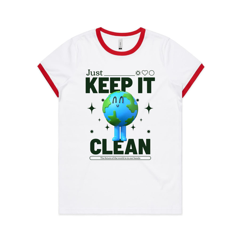 Earth, Just Keep It Clean - Women's Ringer Tee White Red Womens Ringer T-shirt Environment Printed In Australia