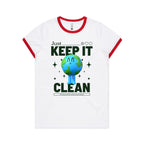 Earth, Just Keep It Clean - Women's Ringer Tee White Red Womens Ringer T-shirt Environment Printed In Australia