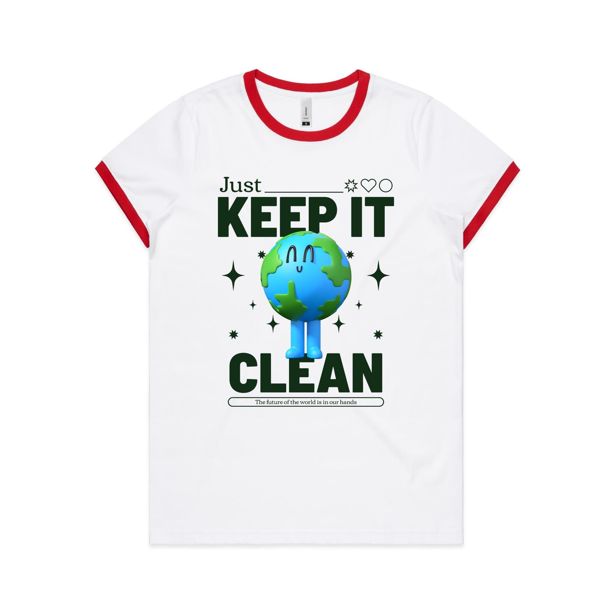Earth, Just Keep It Clean - Women's Ringer Tee White Red Womens Ringer T-shirt Environment Printed In Australia