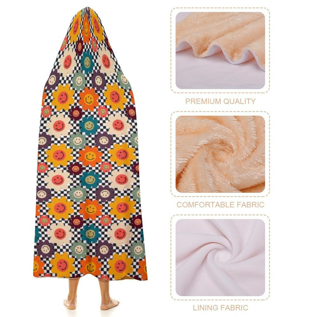 Happy Retro Flowers Kids Hooded Blanket 100cm x 130cm Kids Hooded Blanket Printed Offshore Retro