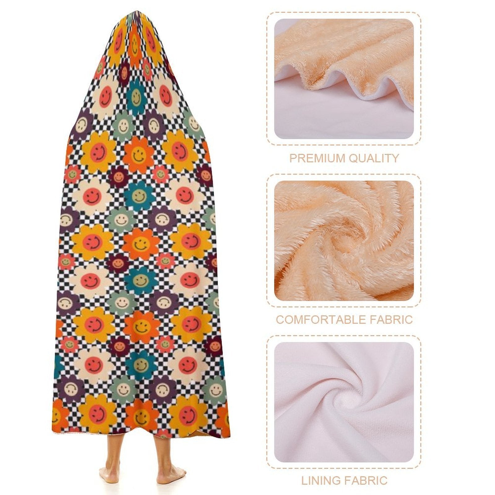 Happy Retro Flowers Kids Hooded Blanket 100cm x 130cm Kids Hooded Blanket Printed Offshore Retro