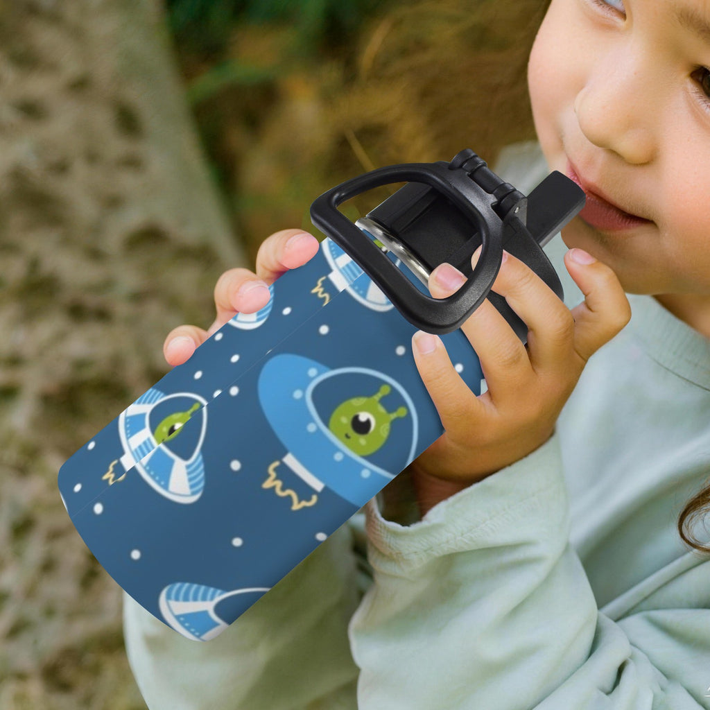 Cute Aliens in UFOs 12oz Kids Water Bottle with Straw Lid