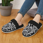 Black And White Swirl Women's Fur Trim Thick-Sole Indoor Slippers Women's Fur Trimmed Slippers Printed Offshore