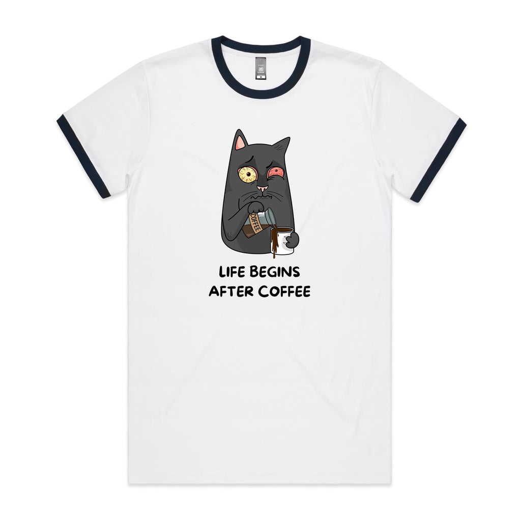 Life Begins After Coffee - Staple Ringer Tee White Navy Ringer T-Shirt Coffee Printed In Australia