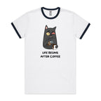 Life Begins After Coffee - Staple Ringer Tee White Navy Ringer T-Shirt Coffee Printed In Australia