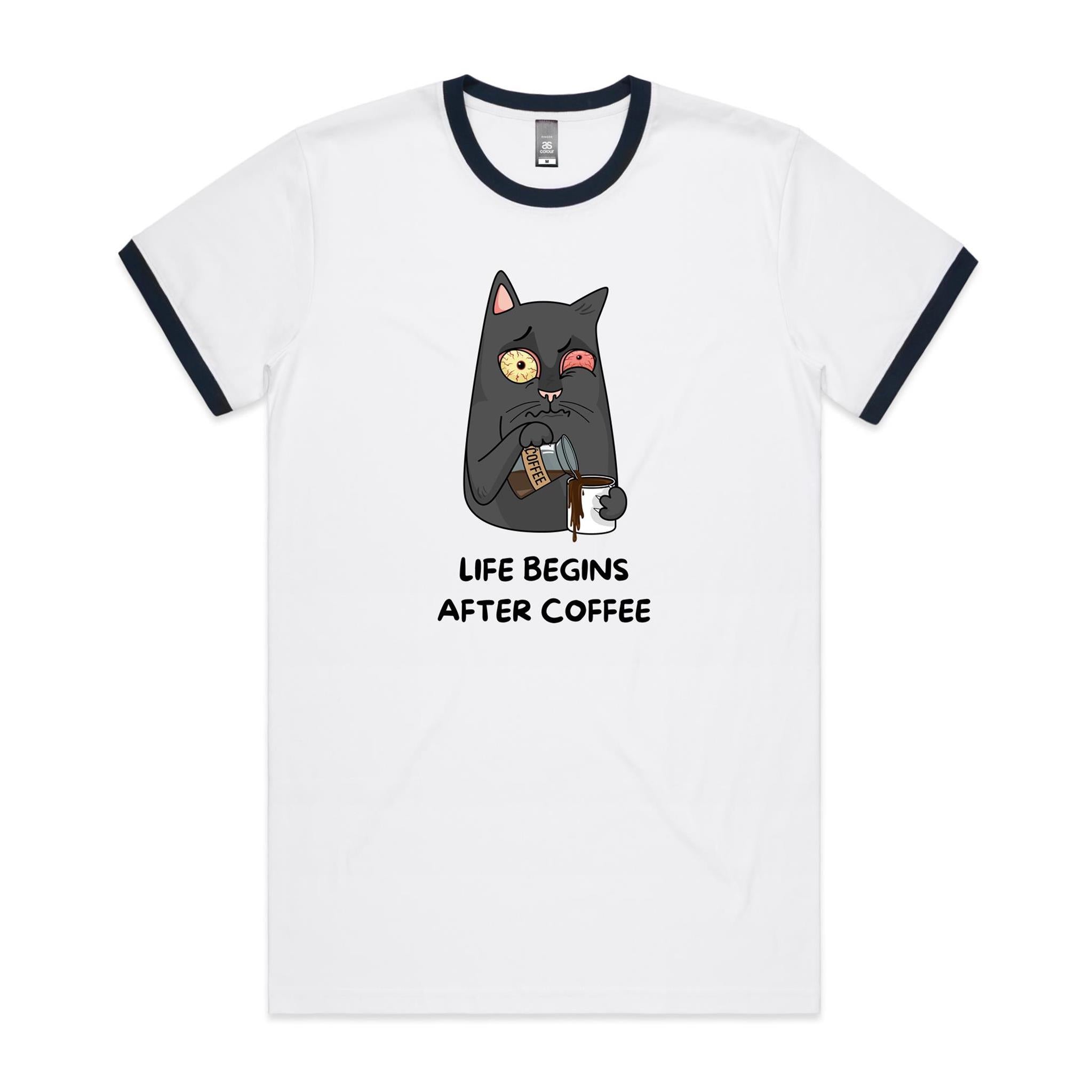 Life Begins After Coffee - Staple Ringer Tee White Navy Ringer T-Shirt Coffee Printed In Australia