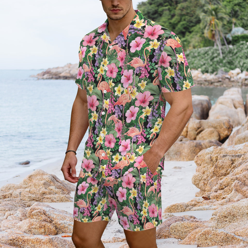 Flamingo Jungle Men's Hawaiian Shirt & Shorts Set Men's Hawaiian Shirt & Shorts Set animal Printed Offshore