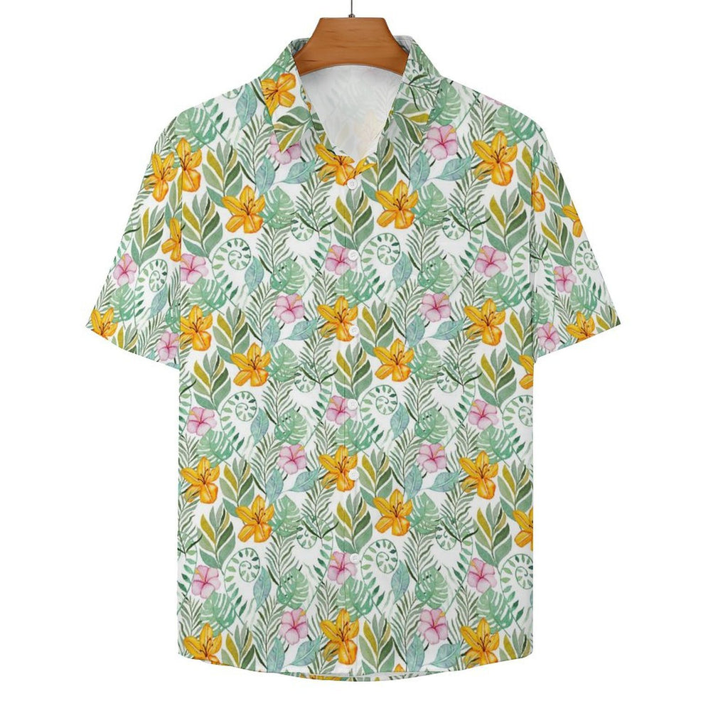 Tropical Flowers And Leaves Women's Short-Sleeve Button Up Shirt Women's Short-Sleeve Button Up Shirt Plants Printed Offshore