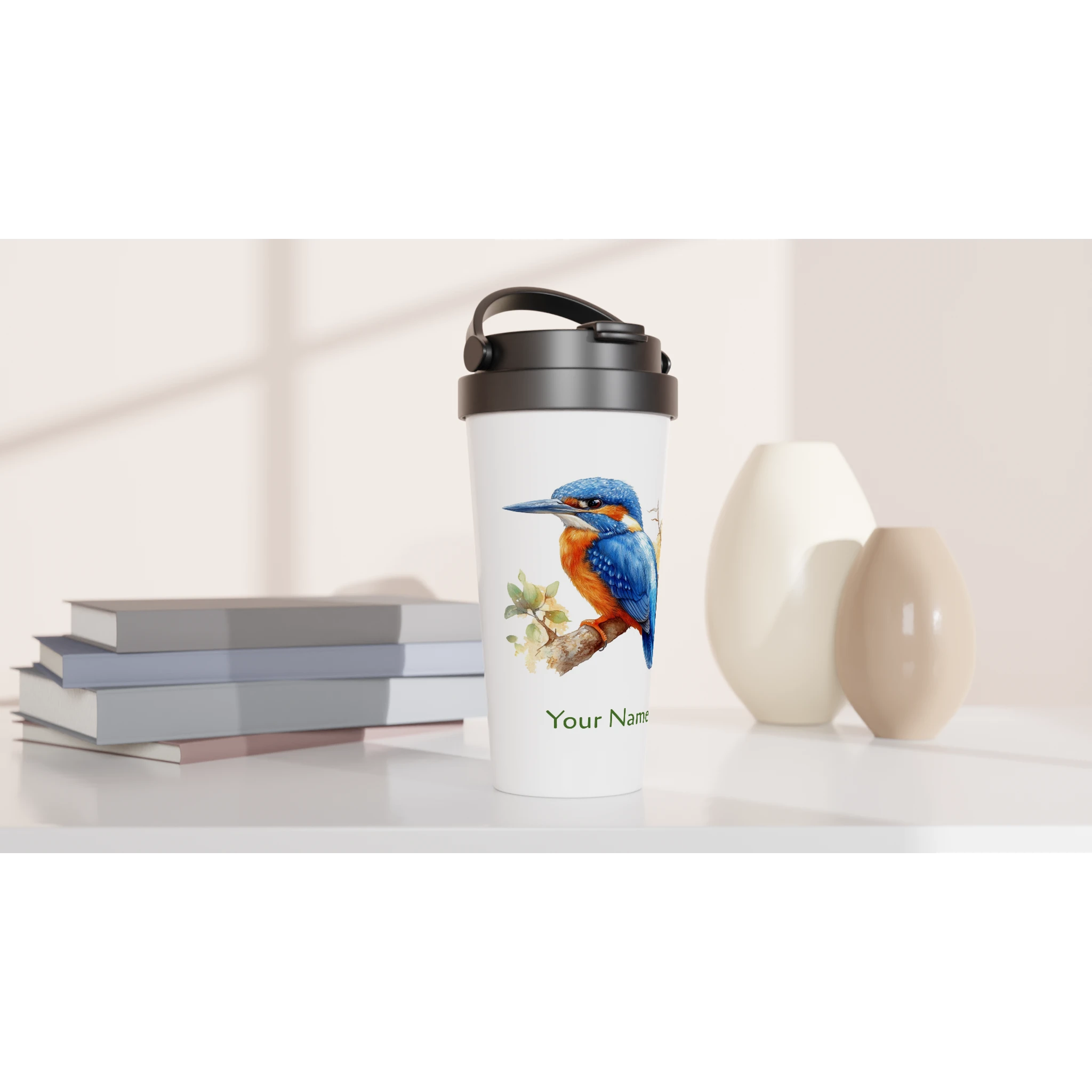Personalise - Kingfisher, Australian Birds - White 15oz Stainless Steel Travel Mug Personalised Travel Mug animal Globally Fulfilled