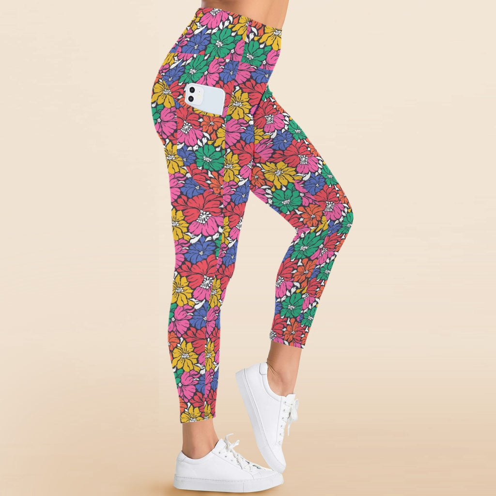 Bright And Bold Flowers Women's High Waist Pockets Yoga Leggings Women's High Waist Pockets Yoga Leggings Plants Printed Offshore Retro