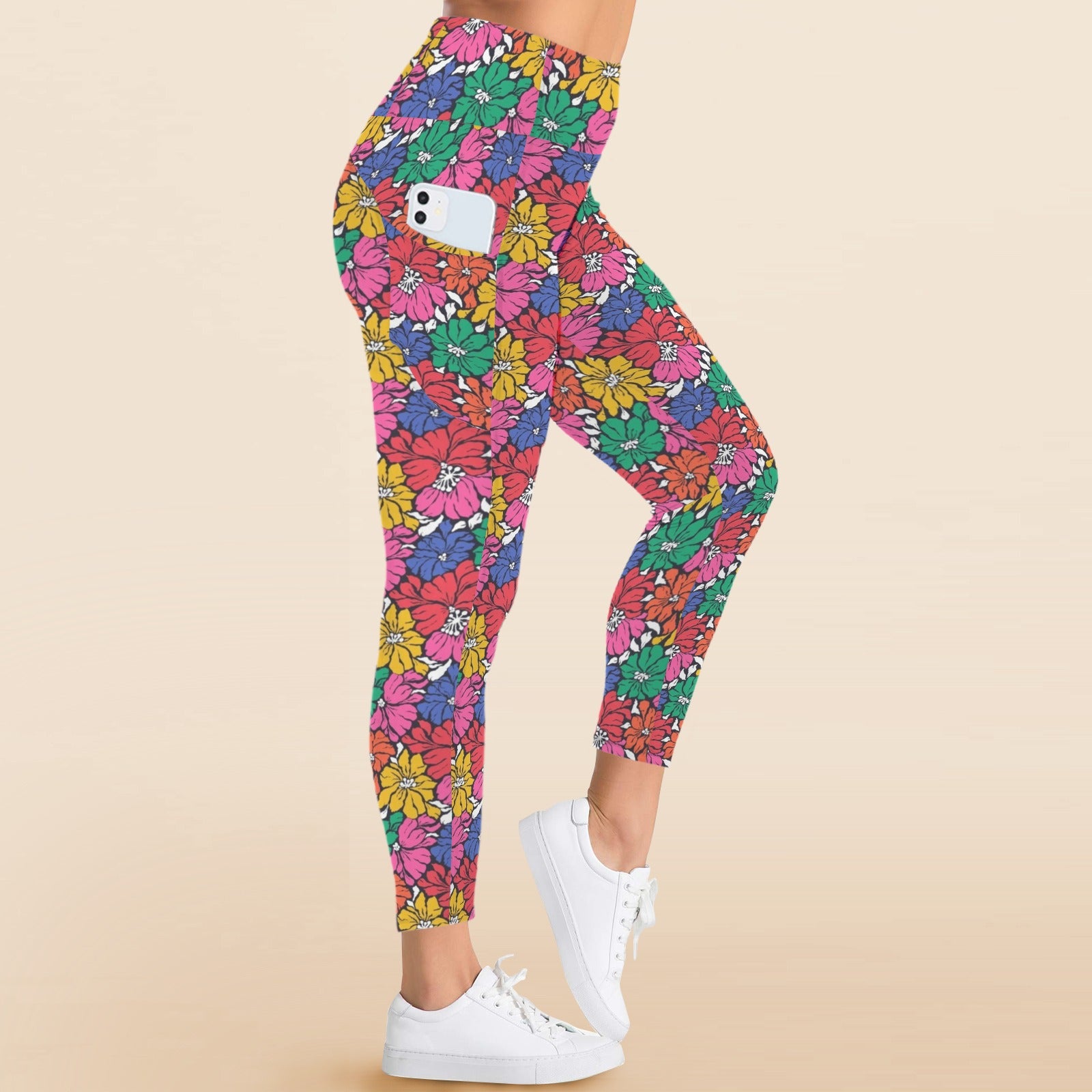 Bright And Bold Flowers Women's High Waist Pockets Yoga Leggings Women's High Waist Pockets Yoga Leggings Plants Printed Offshore Retro