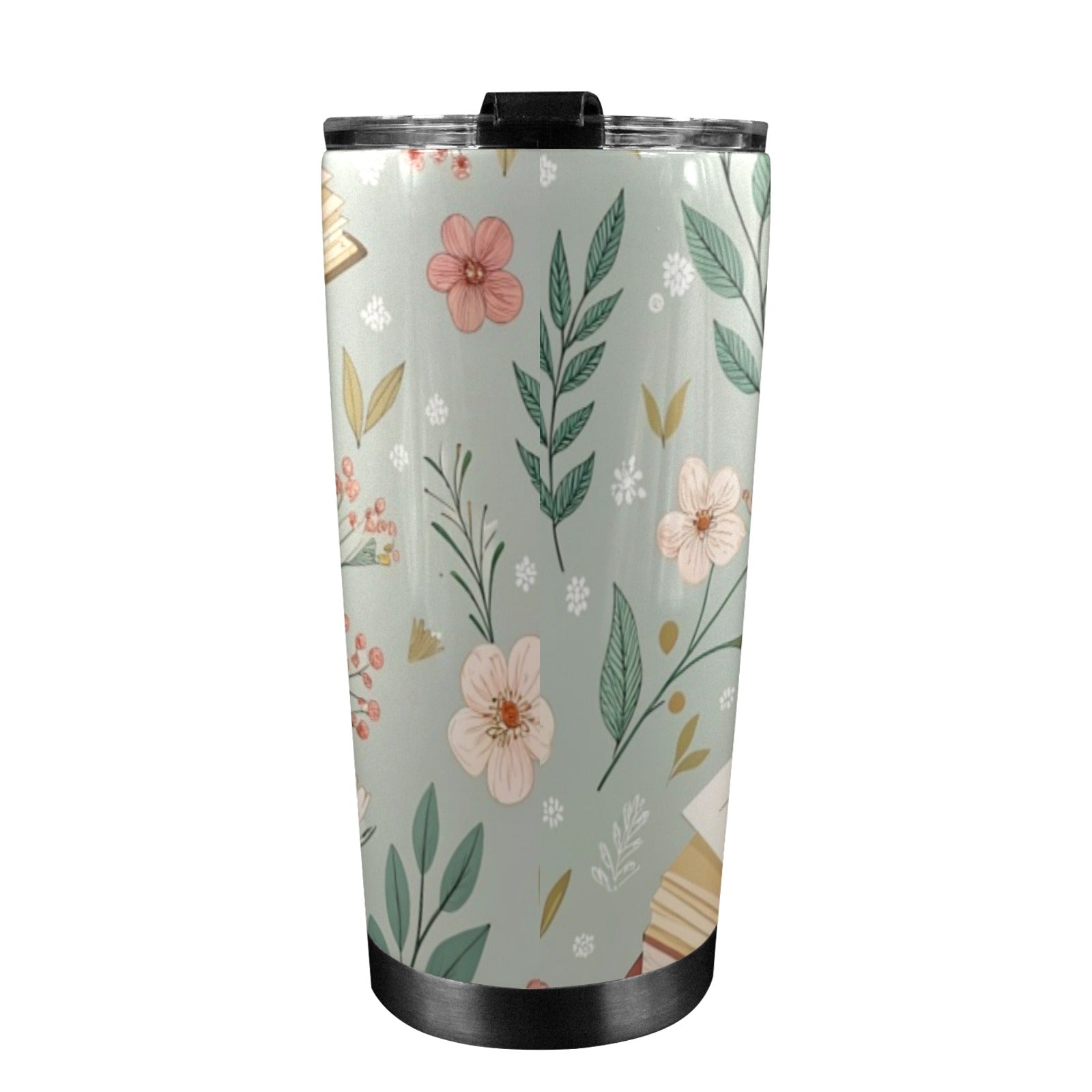 Books And Flowers In Green - 20oz Mobile Tumbler with Lid (Black Lock) 20oz Travel Mug Printed Offshore Reading