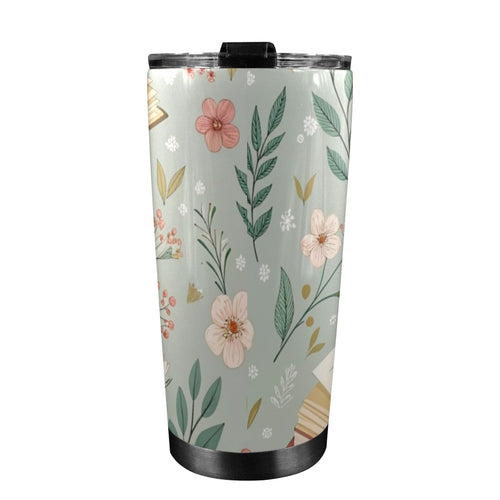 Books And Flowers In Green - 20oz Mobile Tumbler with Lid (Black Lock) 20oz Travel Mug Printed Offshore Reading