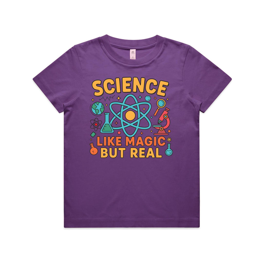 Science, Like Magic But Real Kid's AS Colour T-shirt Purple Kids Youth T-shirt Printed In Australia Science