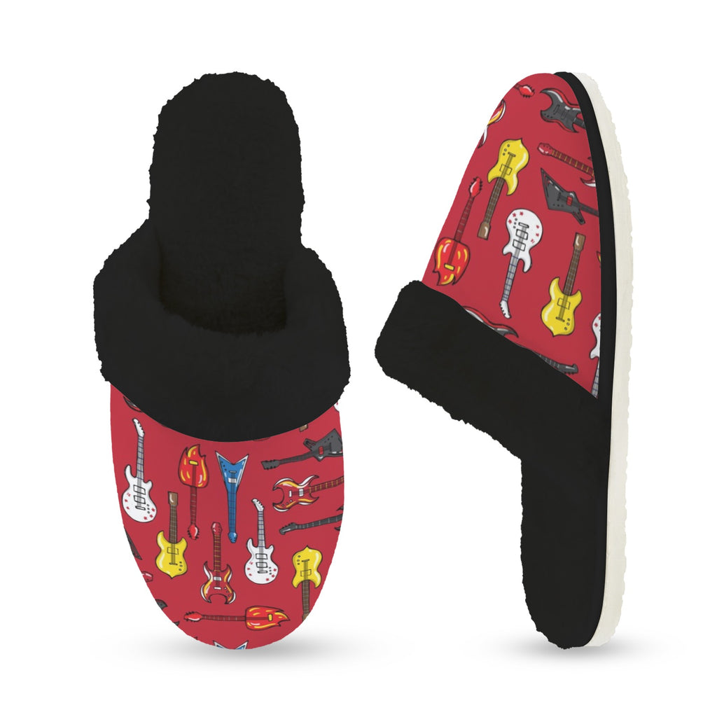 Guitars On Red Women's Fur Trim Thick-Sole Indoor Slippers Women's Fur Trimmed Slippers Music Printed Offshore