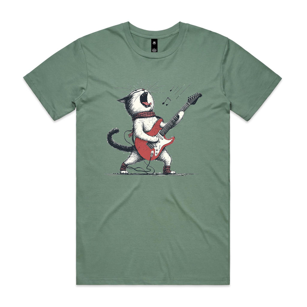 Cat Playing Guitar Men's AS Colour T-shirt Sage Mens T-shirt animal Music Printed In Australia