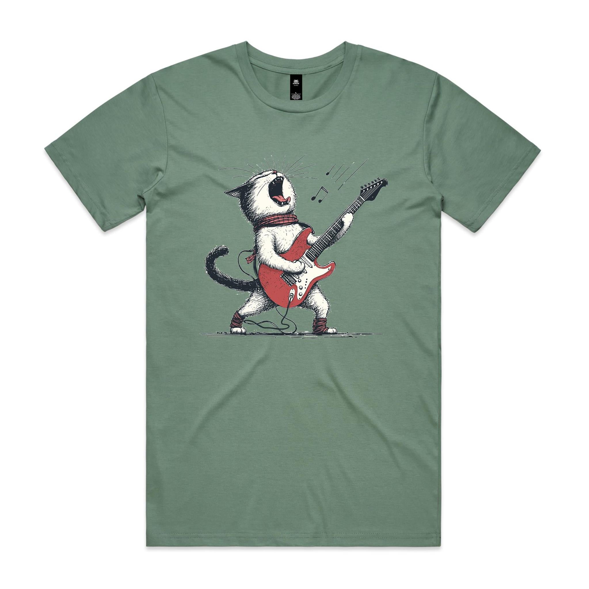 Cat Playing Guitar Men's AS Colour T-shirt Sage Mens T-shirt animal Music Printed In Australia