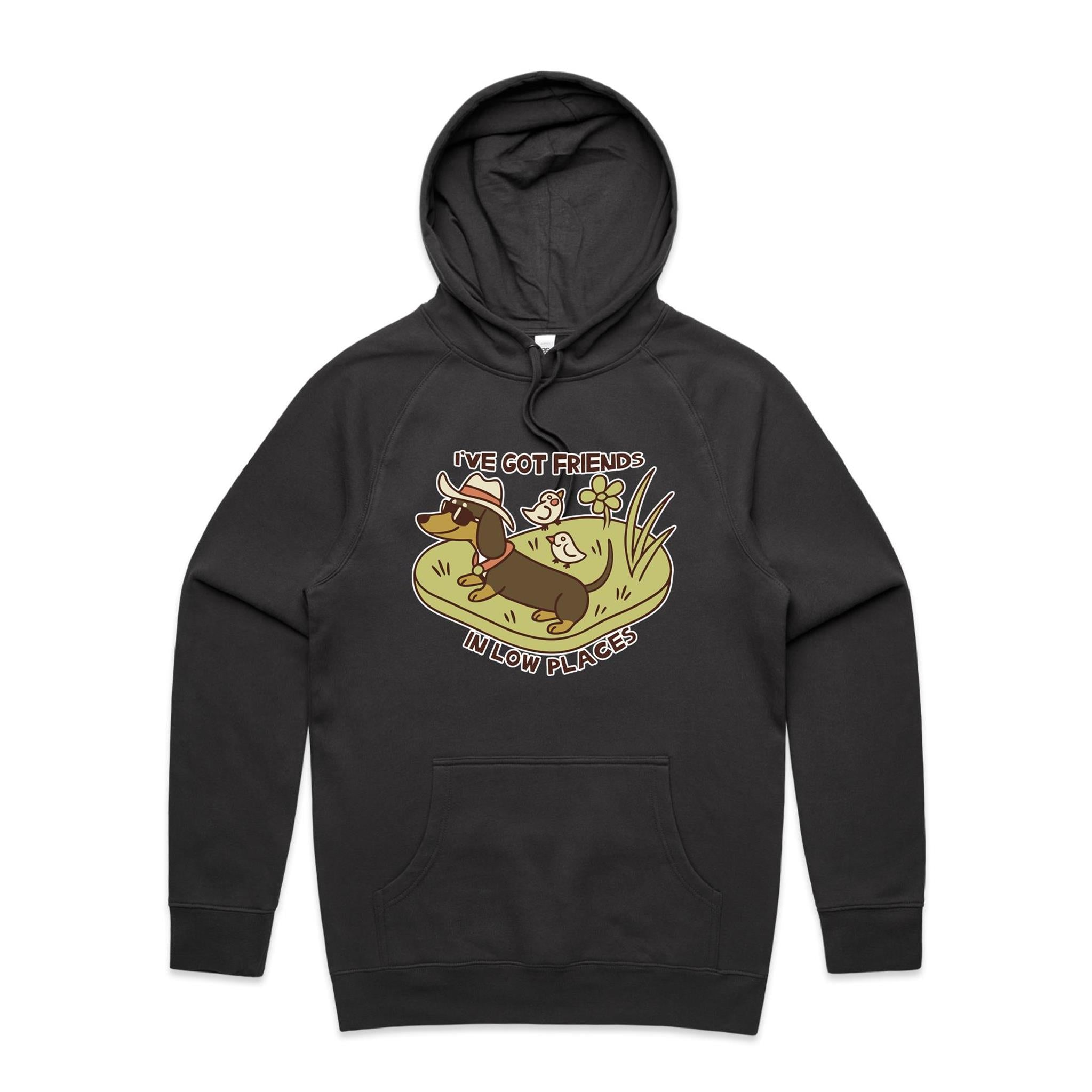 Dachshund, I've Got Friends In Low Places Men's AS Colour Hoodie Coal Mens Hoodie animal Printed In Australia