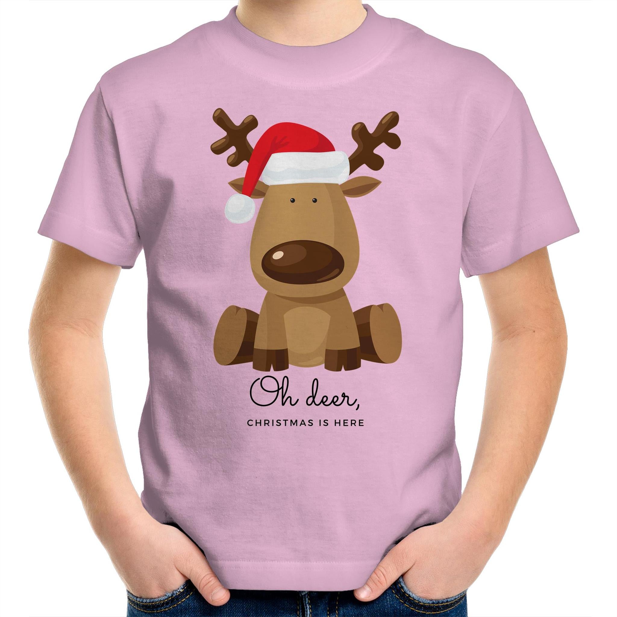 Oh Deer Christmas Is Here, Reindeer - Kids Youth T-Shirt Pink Kids Christmas T-shirt Christmas Printed In Australia