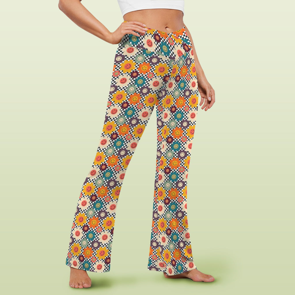 Happy Retro Flowers High Waist Crossover Tummy Control Flare Leggings High Waist Flare Leggings Printed Offshore Retro