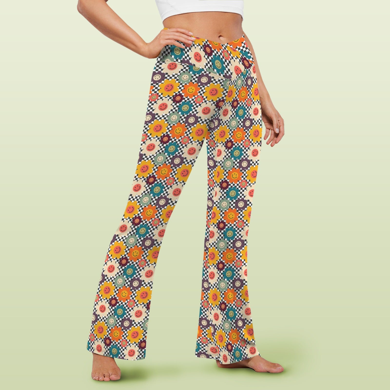 Happy Retro Flowers High Waist Crossover Tummy Control Flare Leggings High Waist Flare Leggings Printed Offshore Retro