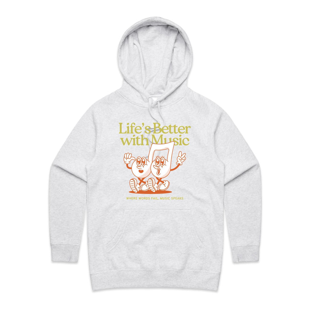Life's Better With Music - Womens Hoodie White Marle Womens Hoodie Music Printed In Australia
