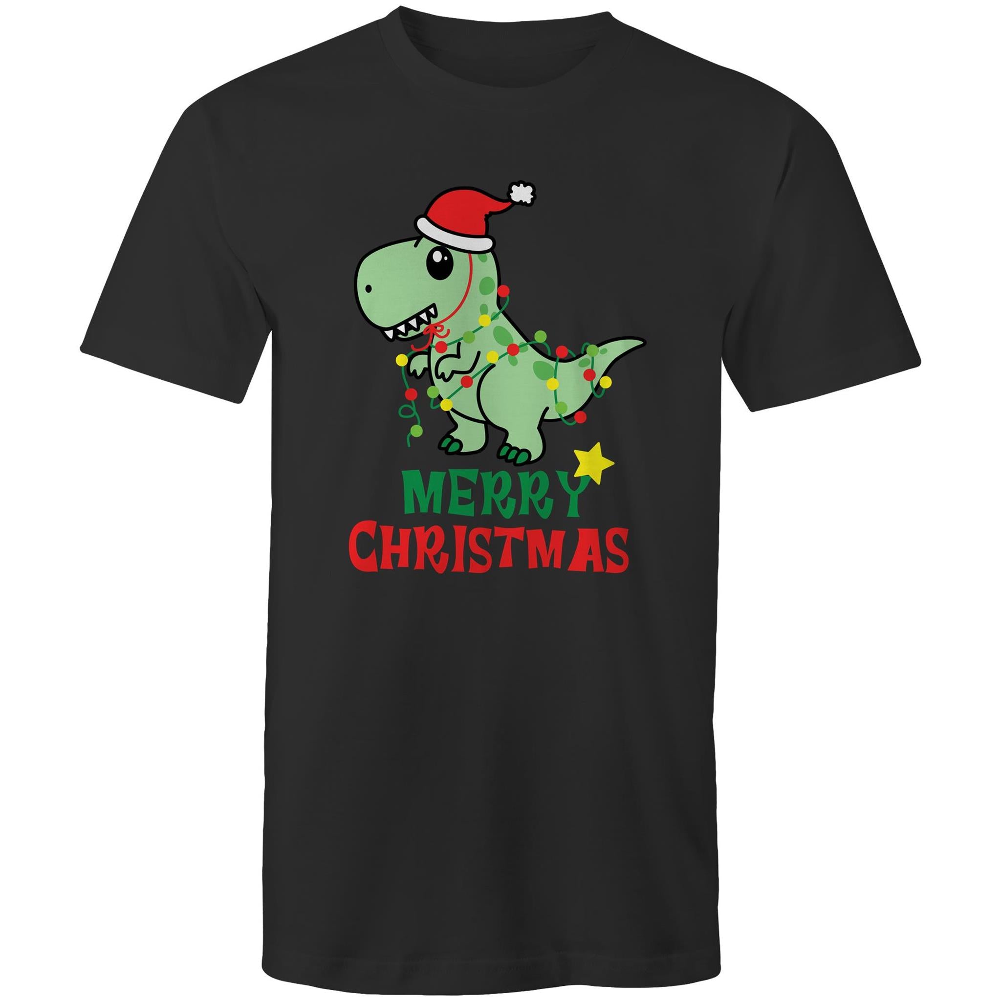 Dinosaur Santa, Merry Christmas - Mens T-Shirt Black Mens Christmas T-shirt Christmas Printed In Australia